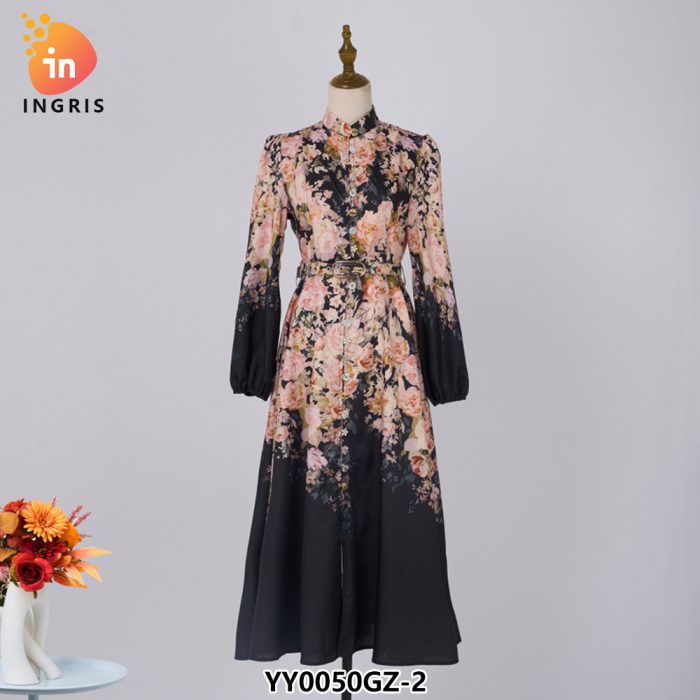 Crew Neck Floral Print Back Zipper Fly Long Sleeve Multi Color Casual Fashion Long Dress for Women-YY0050.99GZ