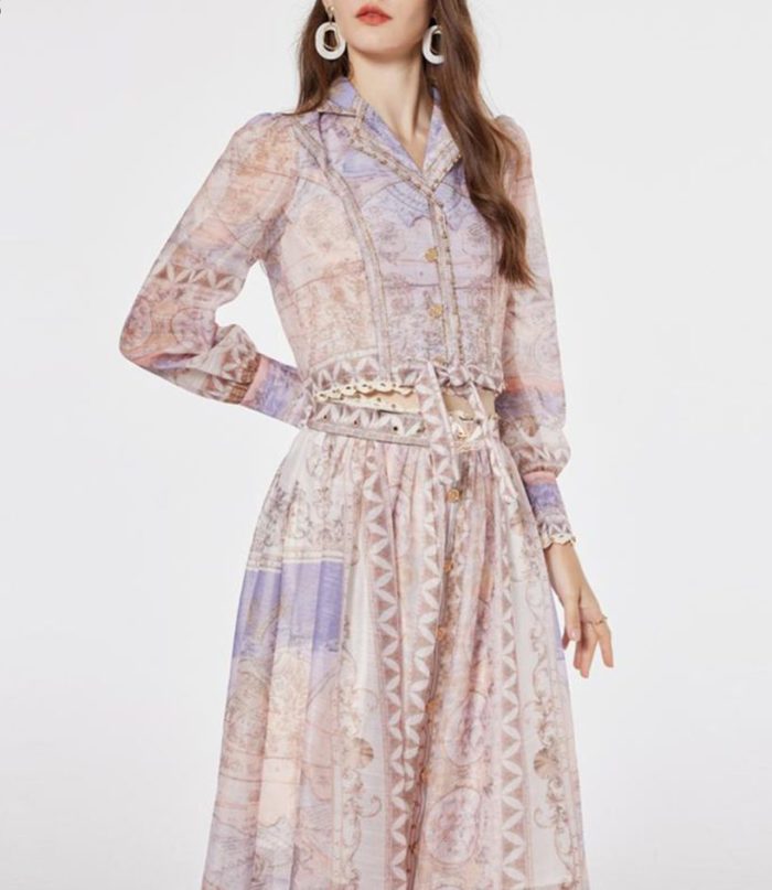 Elegant Chiffon Dress Women's Lace up Waist Slim Collar Ruffle Pleated Long Sleeve Dress-GZYYWL019