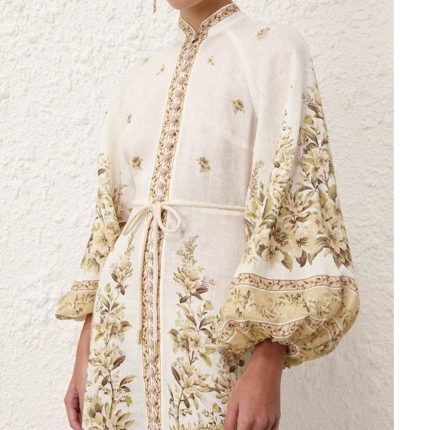 Custom Stand Collar Flared Sleeve Printed Long Lace Dress-GZYYKJ012