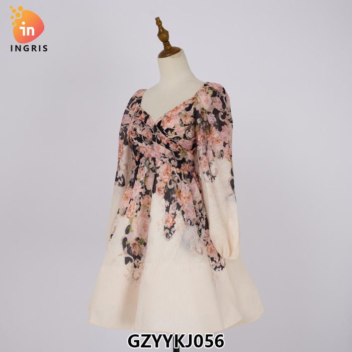 Spring Elegant V-Neck Casual Midi Dress for Women Empire Printed Lace Dress-GZYYKJ056