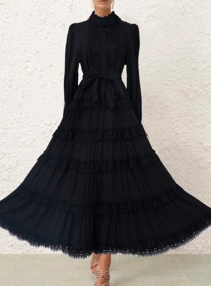 Elegant Autumn New Round Neck Embroidered Single Breasted Lace Splicing Bubble Long Sleeve Dress-YY0043GZ