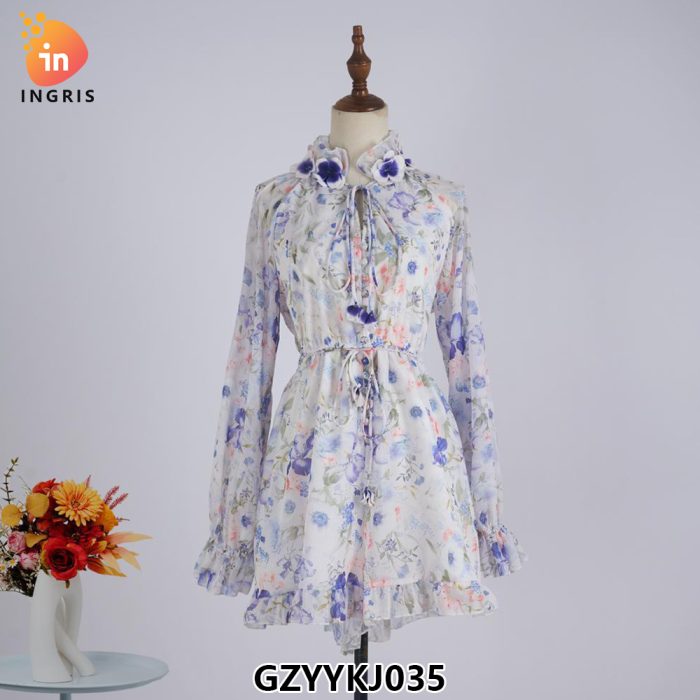 Linen Lantern Sleeve Printed Floral Dress Sweet Fashion Stand Collar V-neck Casual Mini Dress-GZYYKJ035