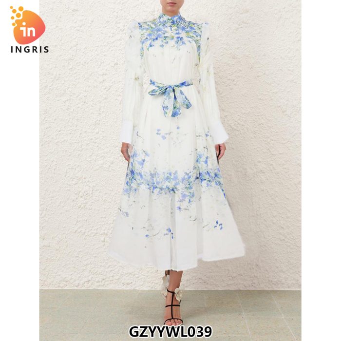 Stand Collar Floral Print Long Sleeve Buttons up Casual Fashion Midi Dress for Women-GZYYWL039