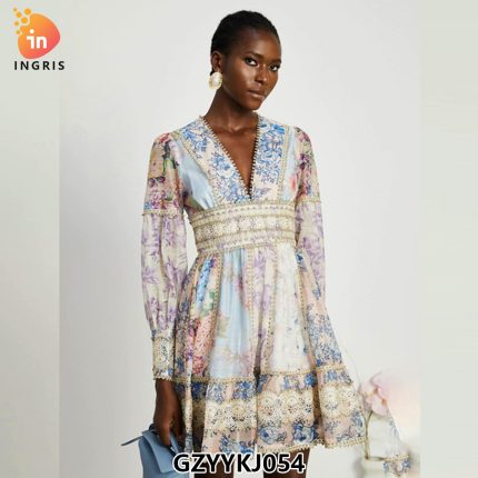 Floral Shirt Top + Lace Stitching High Waist Short Skirt Set-GZYYKJ054