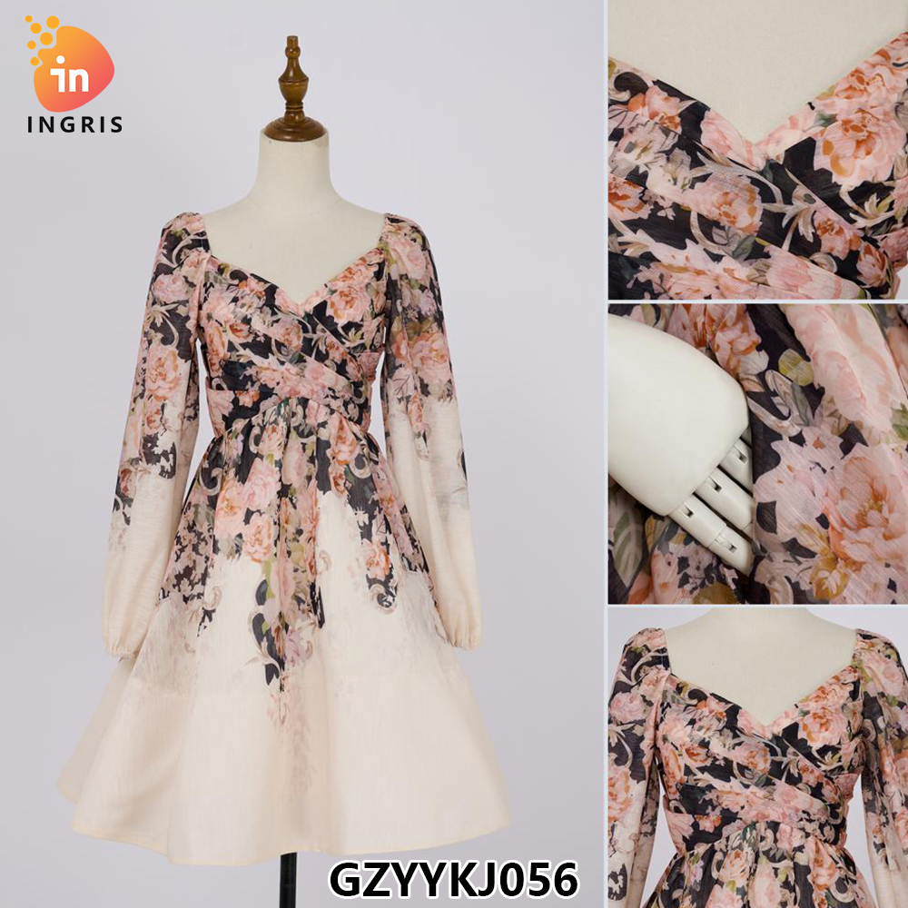 Spring Elegant V-Neck Casual Midi Dress for Women Empire Printed Lace Dress-GZYYKJ056