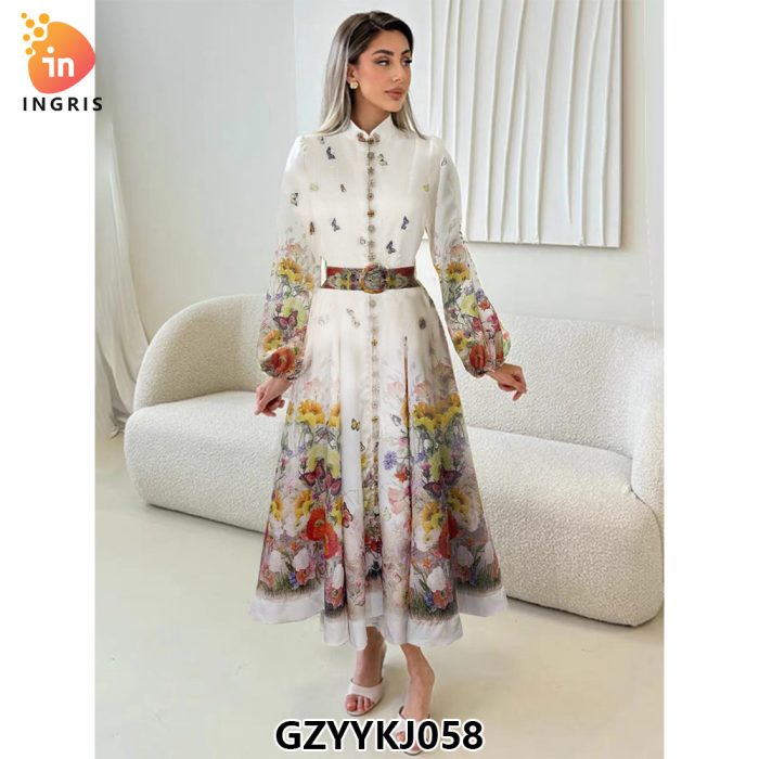 Printed Slim Long Long Swing Gowns Bubble Sleeve Dresses-GZYYKJ58