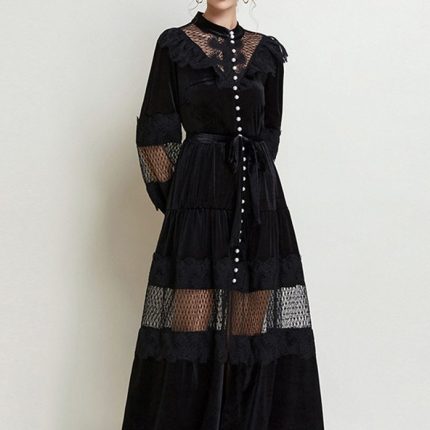 Autumn Winter Velvet Dress O-Neck High Quality Midi Length Vintage Lantern Sleeve Hollow Lace Patchwork Belt Party-YY0032GZ