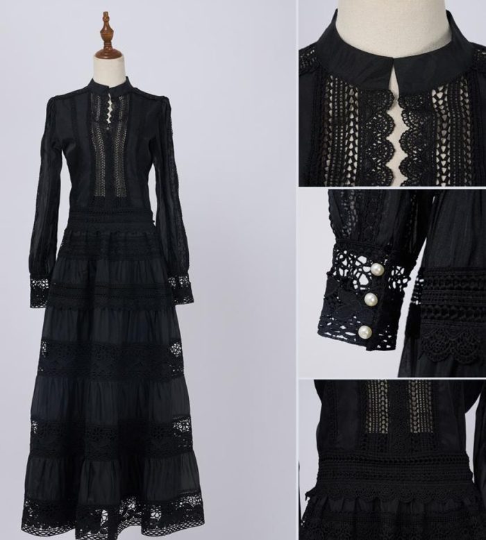 Long Dress Dress Fashion Black Dress Sexy Patchwork Long Sleeve Summer Lace Dress-GZYYWL026