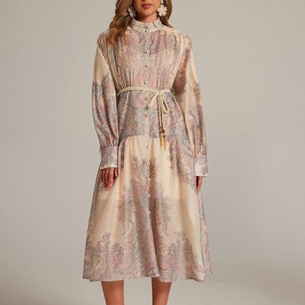 New Design Sense Niche Stand Collar Lantern Sleeve Printed Dress Loose and Thin Elegant Long Dresses-YY0026GZ
