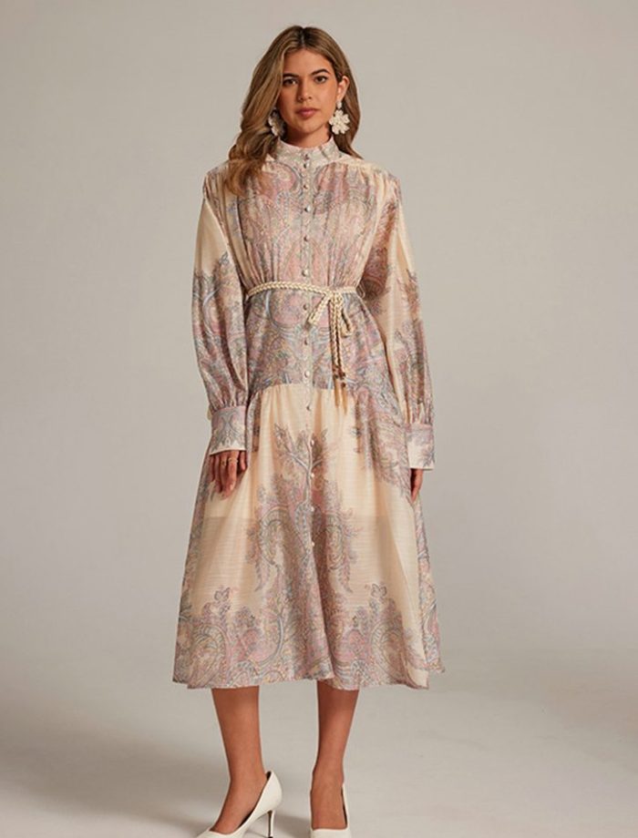 New Design Sense Niche Stand Collar Lantern Sleeve Printed Dress Loose and Thin Elegant Long Dresses-YY0026GZ