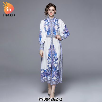 Stand Collar Trumpet Sleeve Printed Long Lace Dress-YY0042GZ
