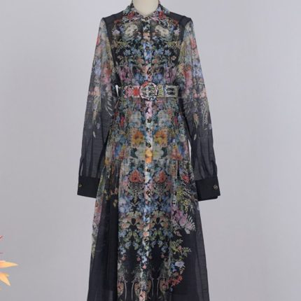 New Arab Women's Digital Print Mid-waist Dress Muslim Fashion Lantern Sleeve Lapel Robe-YY0014GZ