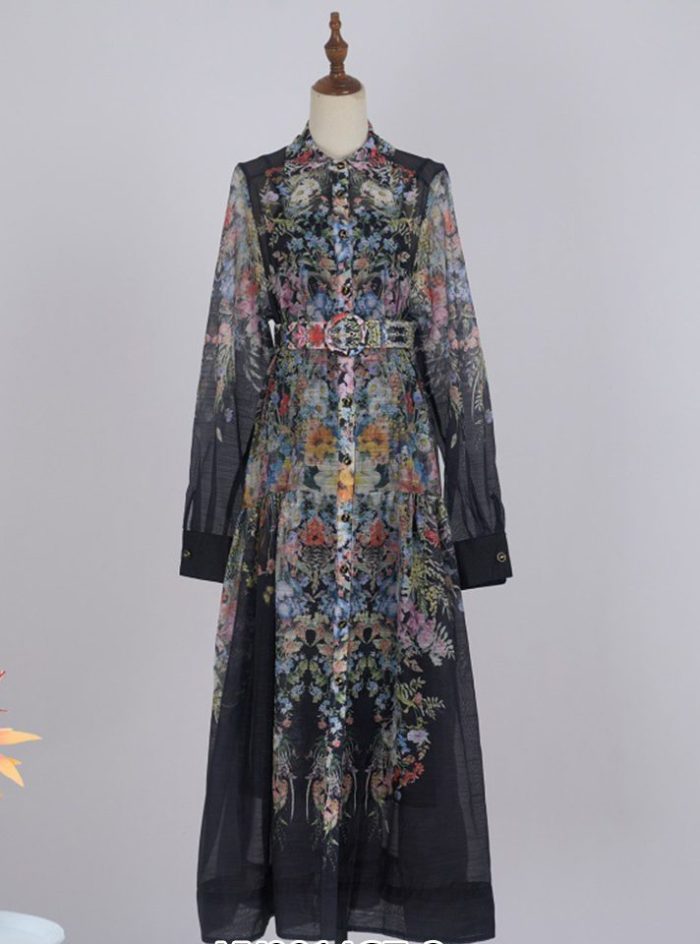 New Arab Women's Digital Print Mid-waist Dress Muslim Fashion Lantern Sleeve Lapel Robe-YY0014GZ
