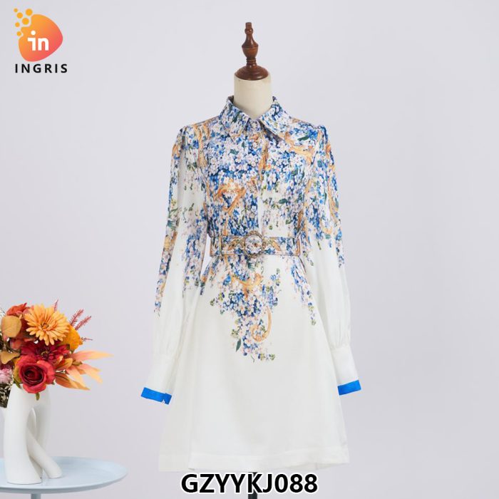 Wholesale in Stock Elegant Turn Down Collar Long Sleeves A-line Ruffle Printed Ladies Floral Dress-GZYYKJ088