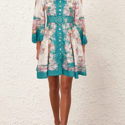 Retro Print Women's Dress Shirt Collar Fashion Puff Sleeve Slim Dress Women Ladies Elegant-GZYYKJ004