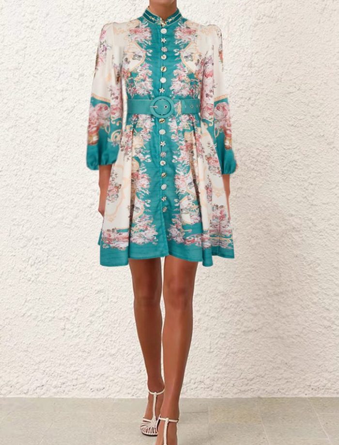 Retro Print Women's Dress Shirt Collar Fashion Puff Sleeve Slim Dress Women Ladies Elegant-GZYYKJ004