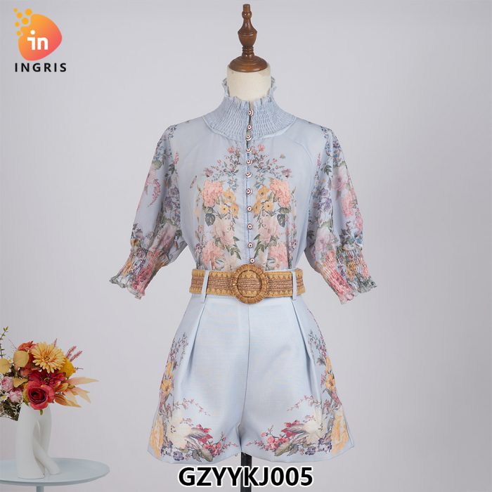 Stand Collar Lantern Sleeve Vintage Print Loose Blouse and Wide Leg Shorts Set for Summer-GZYYKJ005