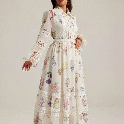 New Fashion Hollow Temperament Long Sleeve Dress Women's French Printed Shirt Dresses-YY0037GZ