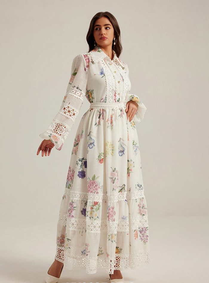 New Fashion Hollow Temperament Long Sleeve Dress Women's French Printed Shirt Dresses-YY0037GZ