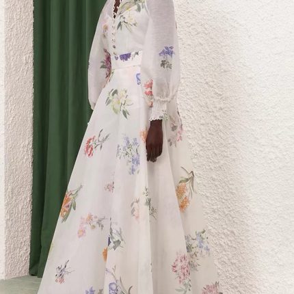 Vintage Lace V-neck Flower Bead Buckle Waist Swing Puff Printed Long Dress Autumn New Wholesale Clothing-GZYYKJ80
