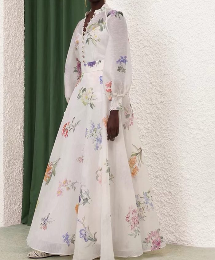 Vintage Lace V-neck Flower Bead Buckle Waist Swing Puff Printed Long Dress Autumn New Wholesale Clothing-GZYYKJ80