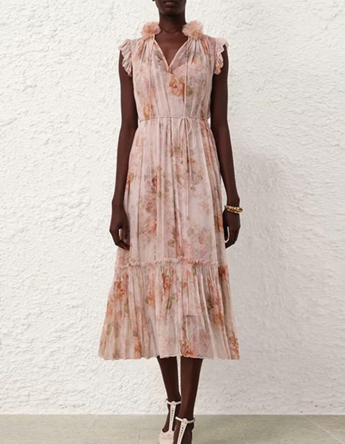 Trendy Brand Temperament Elegant Dresses Spring New Stand Collar Sleeveless Pleated Layered Irregular Dress-GZYYWL028