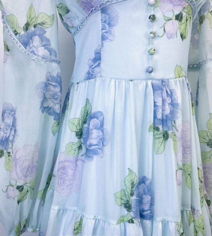 Elegant V-neck Puff Printed Long Dress Autumn New Wholesale Clothing-GZYYWL016