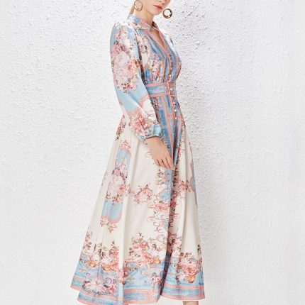 Summer New Women's Sexy Floral Print Long Puff Sleeve Midi Dress-GZYYKJ001