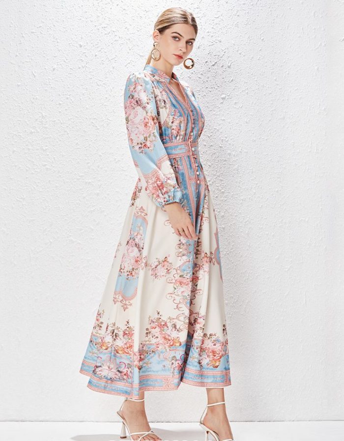 Summer New Women's Sexy Floral Print Long Puff Sleeve Midi Dress-GZYYKJ001