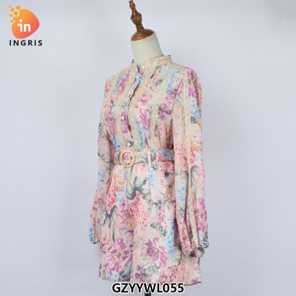 Spring retro stand-up collar single-breasted lantern sleeves and waist printed long dress-GZYYWL055