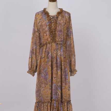 Multi Color Brown Color Floral Print Long Sleeve Elastic Waist Casual Fashion Women Maxi Dress-GZYYYWL34