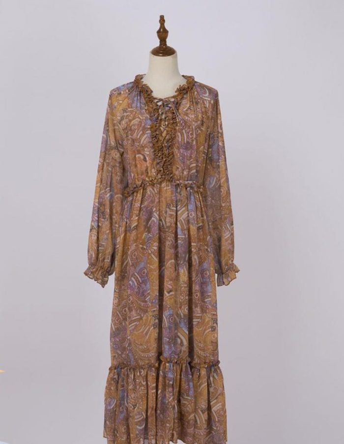 Multi Color Brown Color Floral Print Long Sleeve Elastic Waist Casual Fashion Women Maxi Dress-GZYYYWL34