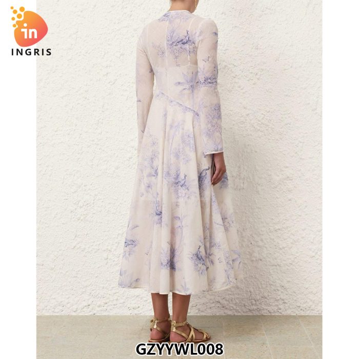 Trend Spring Style Elegant Women's Long Frill Ruffles Sleeve Chiffon Lilac Floral Print Maxi Dress-GZYYWK008