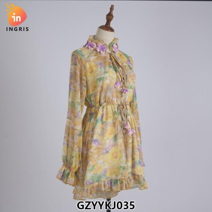 Linen Lantern Sleeve Printed Floral Dress Sweet Fashion Stand Collar V-neck Casual Mini Dress-GZYYKJ035