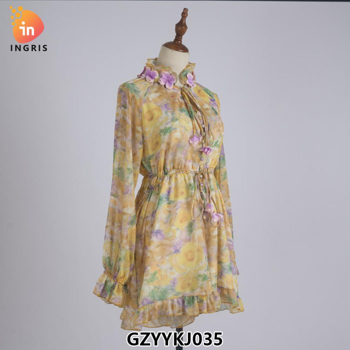 Linen Lantern Sleeve Printed Floral Dress Sweet Fashion Stand Collar V-neck Casual Mini Dress-GZYYKJ035