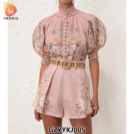 Stand Collar Lantern Sleeve Vintage Print Loose Blouse and Wide Leg Shorts Set for Summer-GZYYKJ005