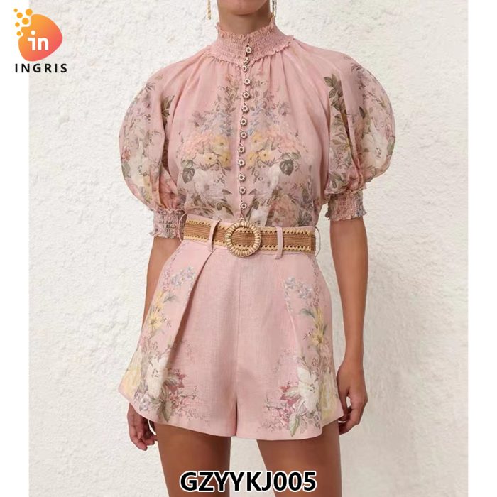 Stand Collar Lantern Sleeve Vintage Print Loose Blouse and Wide Leg Shorts Set for Summer-GZYYKJ005