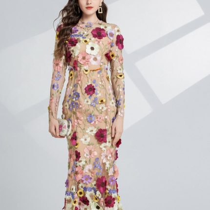 Fashion Flower Printed Embroidered Long Dress Women Elegant O-neck Long Sleeve Lace Slim Dresses Spring Female Party Robes-YY0033GZ