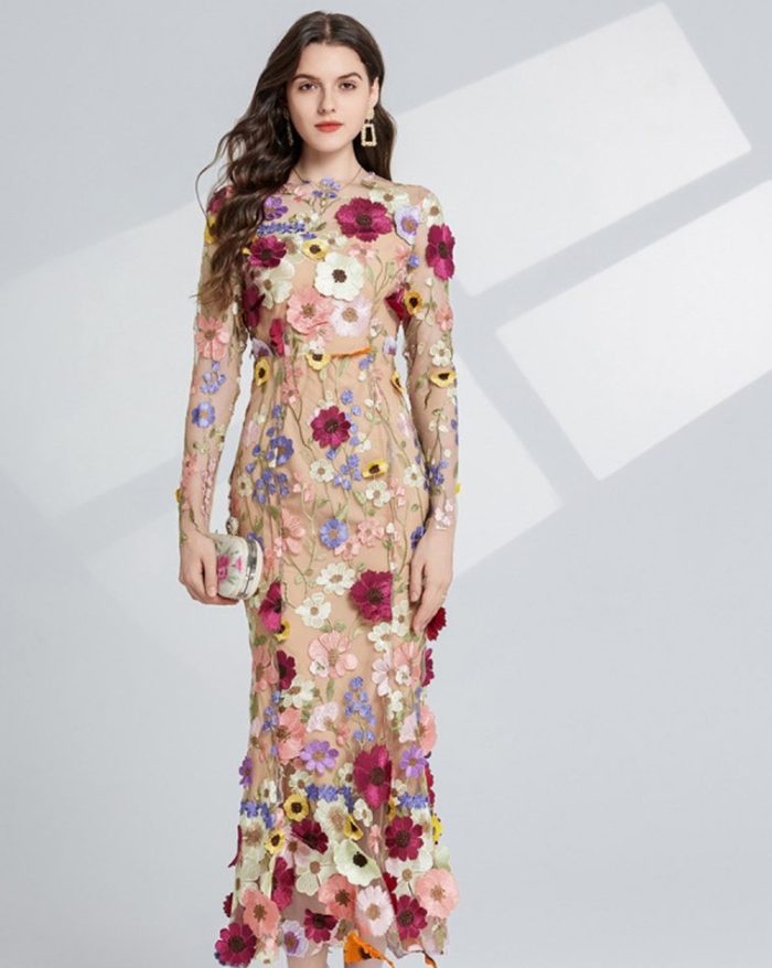 Fashion Flower Printed Embroidered Long Dress Women Elegant O-neck Long Sleeve Lace Slim Dresses Spring Female Party Robes-YY0033GZ