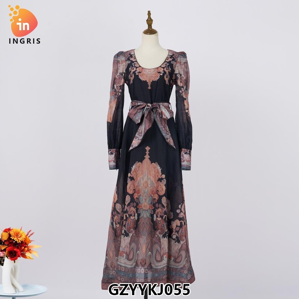 New Pearl Button Silk Hemp Blouse High Waist Pleated Swing Long Skirt Set-GZYYKJ055