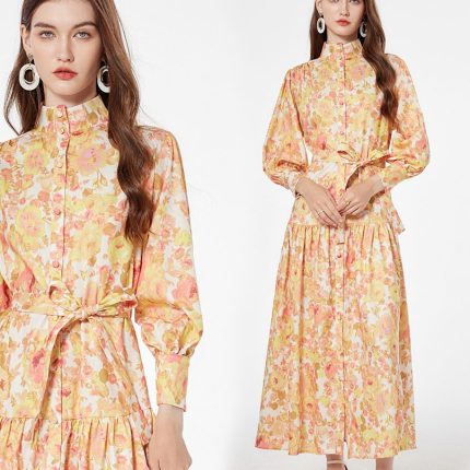 Wholesale High Quality Beach Long Sleeve Ruffle Tie Dye Chiffon Maxi Dress Ladies-YY0069GZ
