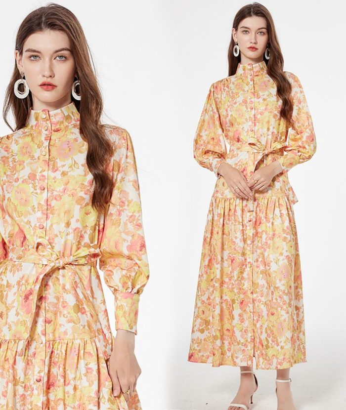 Wholesale High Quality Beach Long Sleeve Ruffle Tie Dye Chiffon Maxi Dress Ladies-YY0069GZ