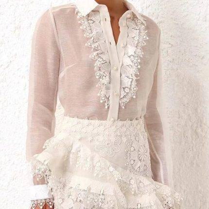 New Trendy Women Lace Pleated Crocheted Collar Causal Blouses Female Long Puffy Sleeve Elegant Blouses Resort Summer Shirt-GZYYKJ091