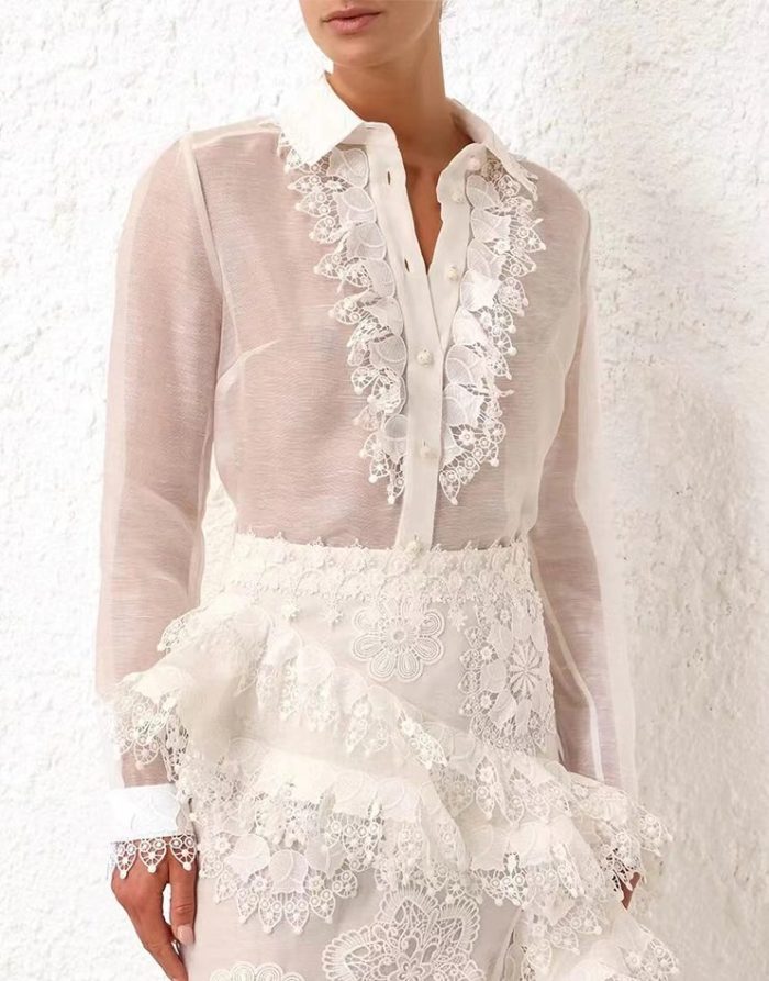 New Trendy Women Lace Pleated Crocheted Collar Causal Blouses Female Long Puffy Sleeve Elegant Blouses Resort Summer Shirt-GZYYKJ091