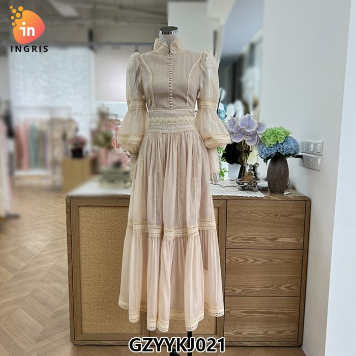 Spring and summer new style fashionable and elegant long skirt lace splicing design lantern sleeve dress-GZYYKJ021