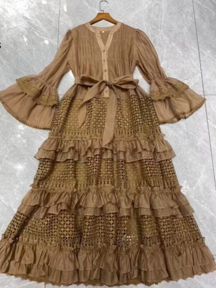 Custom Ruffles Elegant Solid Patchwork Lace Dress Manufacturer-YY0018GZ