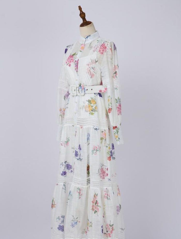 Wholesale Women's Clothing Spring New Lantern Sleeve Printed Single Breasted Dress-GZYYWL024