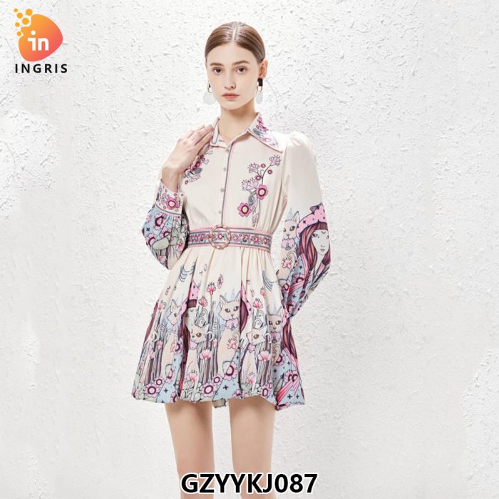Fashion Runway Women Clothing Dress O-Neck Ruched Ruffles Floral Print Midi Pleated Vestidos Casual Holiday Robes-GZYYKJ087
