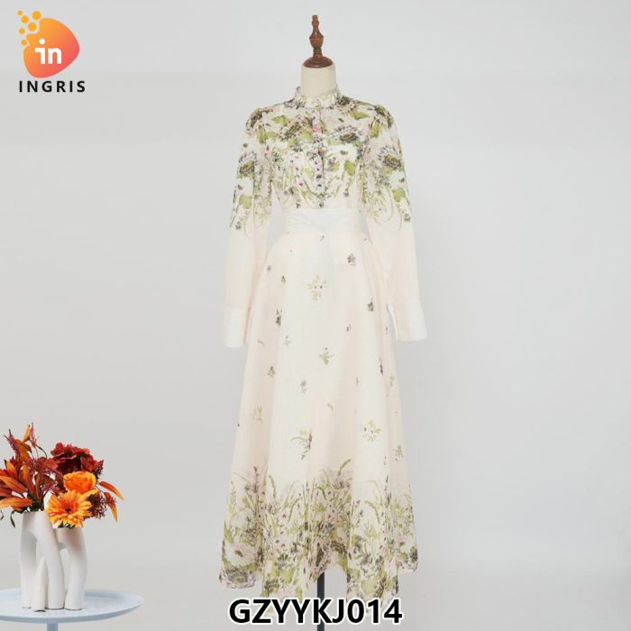 Crew Neck Floral Print Back Zipper Fly Long Sleeve Multi Color Casual Fashion Long Dress for Women-GZYYKJ014