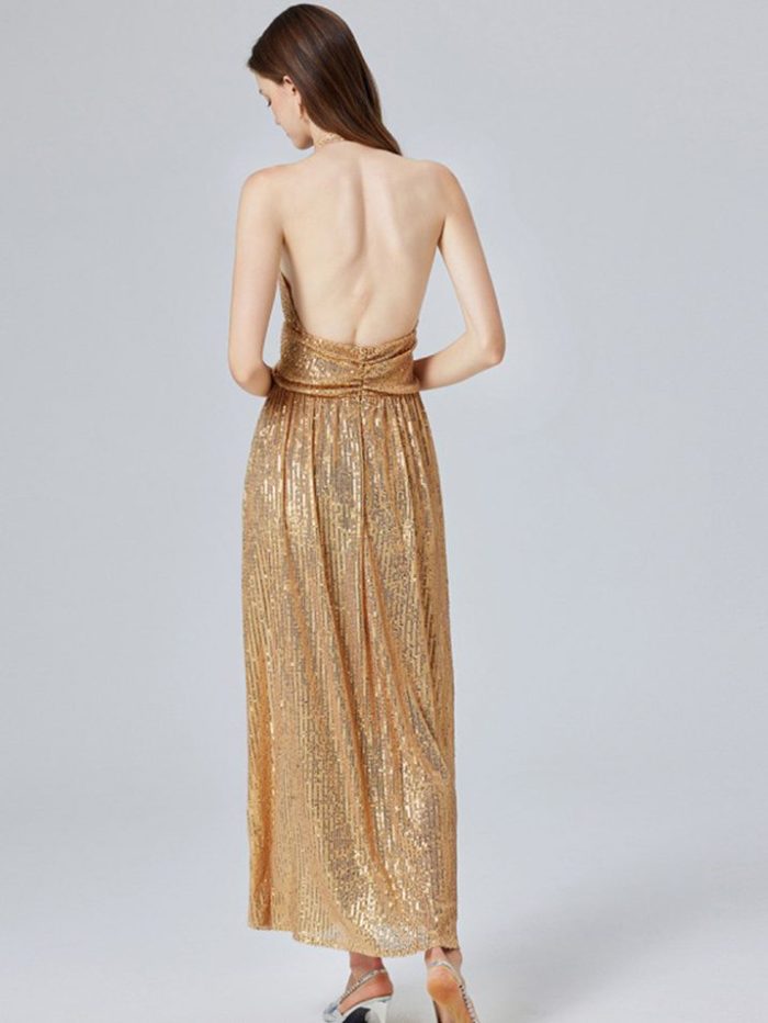 Europe and the United States Clothes Sexy Gold Sequin Halter Split Slimming Evening Dress High Waist A-line-YY0021GZ